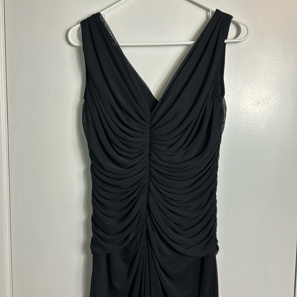 TADASHI Vintage Black V-Neck Ruched Pleated Mesh Chiffon Overlay Maxi Gown Dress - Picture 2 of 16